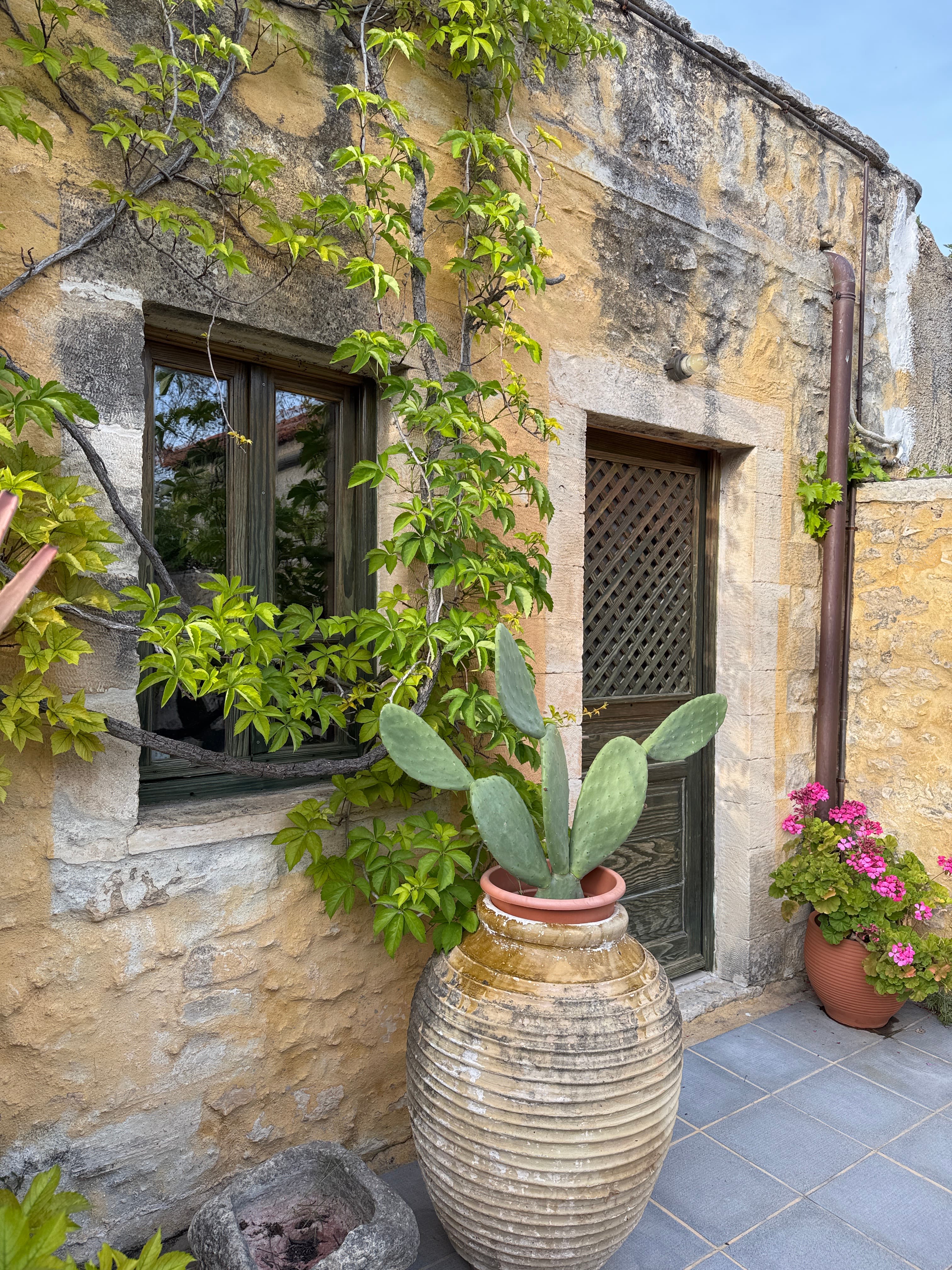 Stone facade with climbing vines and large Cretan pottery